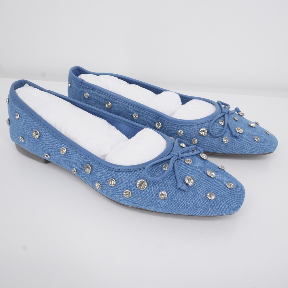 Schutz Arissa Shine Ballet Flats Womens 8B Blue Denim Crystal Studded Bow Shoes